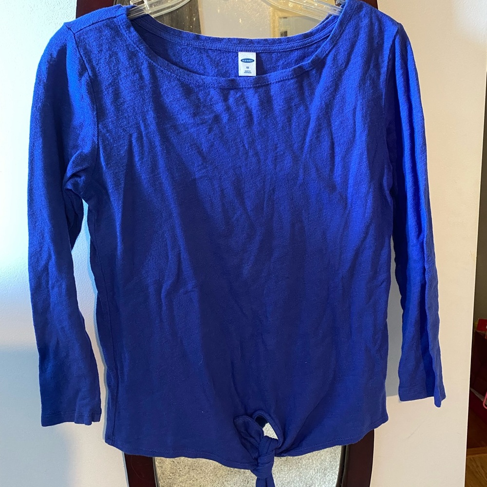 Royal blue three quarters length sleeves blouse with tie front